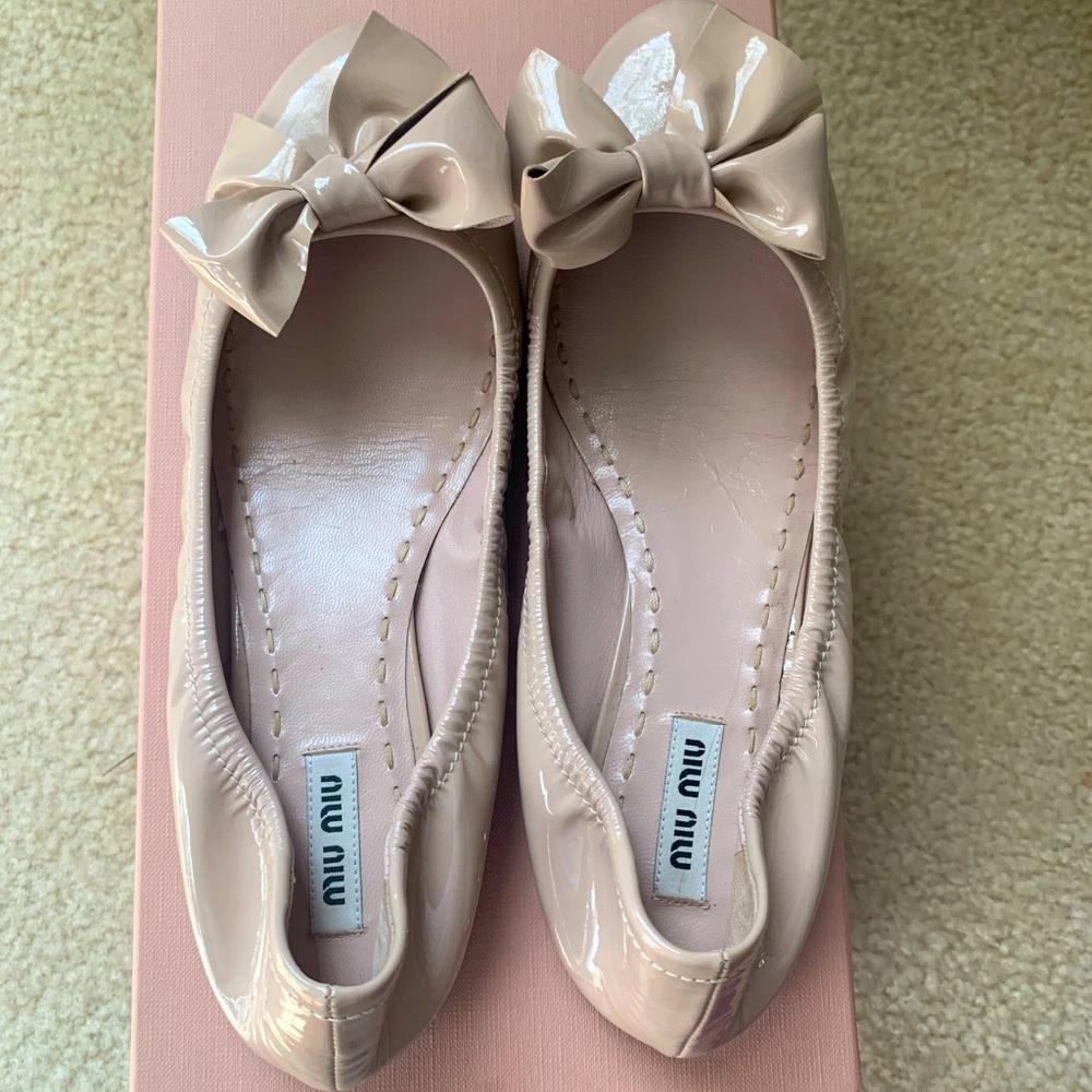 Miu Miu Nude Pink Patent Flats with Bow Tie